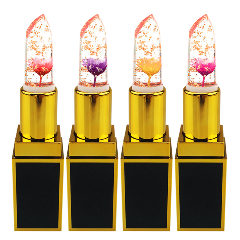 跨境金箔果冻口红 无LOGO炫彩口红Lipstick滋润唇膏透明花朵口红OEM代加工